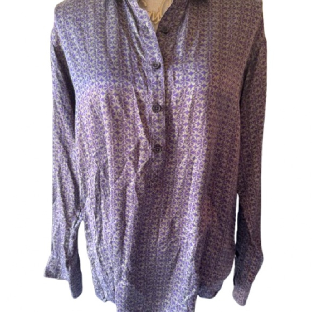 CAbi Purple and Khaki Green Geometric Silk 1/4 Button Down Blouse- Medium